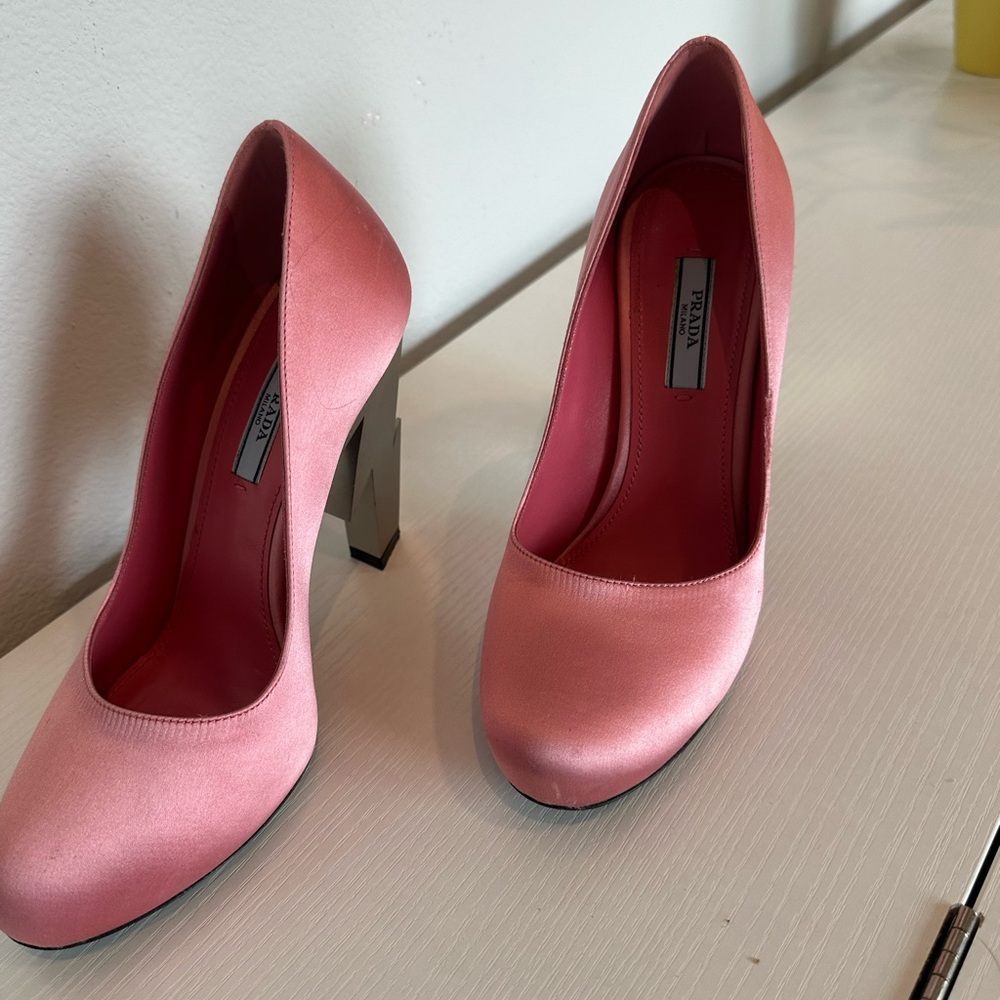 Prada Pink Satin Pumps with Sculpted Silver Lightning Heels - Picture 4 of 5